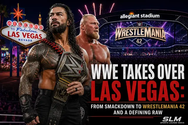 WWE WrestleMania 42 Las Vegas - Roman Reigns and CM Punk with Allegiant Stadium and Las Vegas sign backdrop